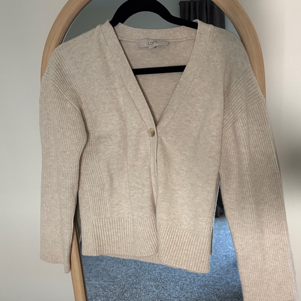 LOFT Cream Single-Button V-Neck Cardigan